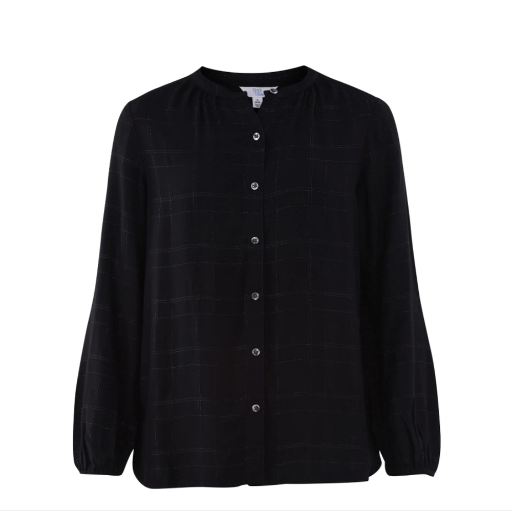 Time and Tru Women's Long Sleeve Button Down Blouse Black Soot Crew Neck. New